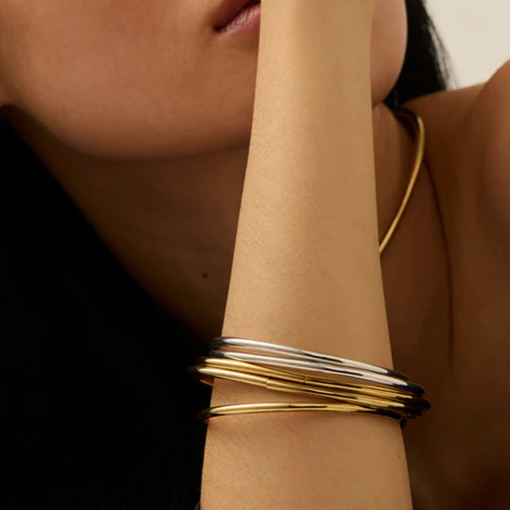 Shiny Thin Round Stainless Steel Bangle Bracelets for Women ( 5 pcs)