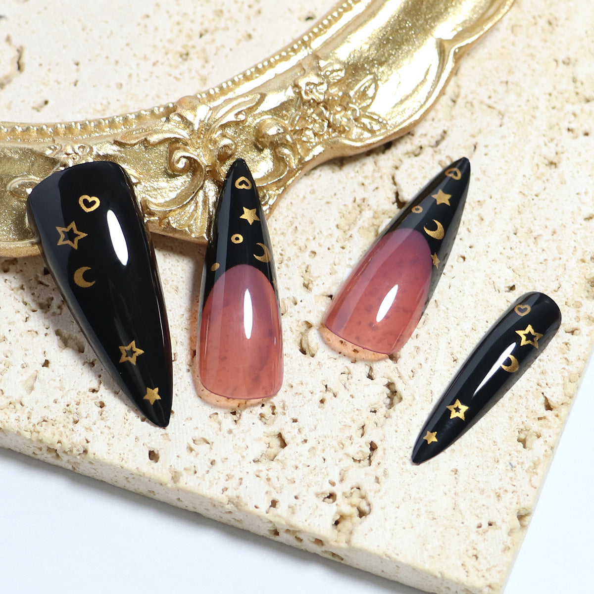 Press on Nails Long Fake Nails Glossy Glue on Nails Bling Black Glitter French Tip Acrylic Nails Flower Rhinestone Artificial Nails False Nails with Design 24 pcs