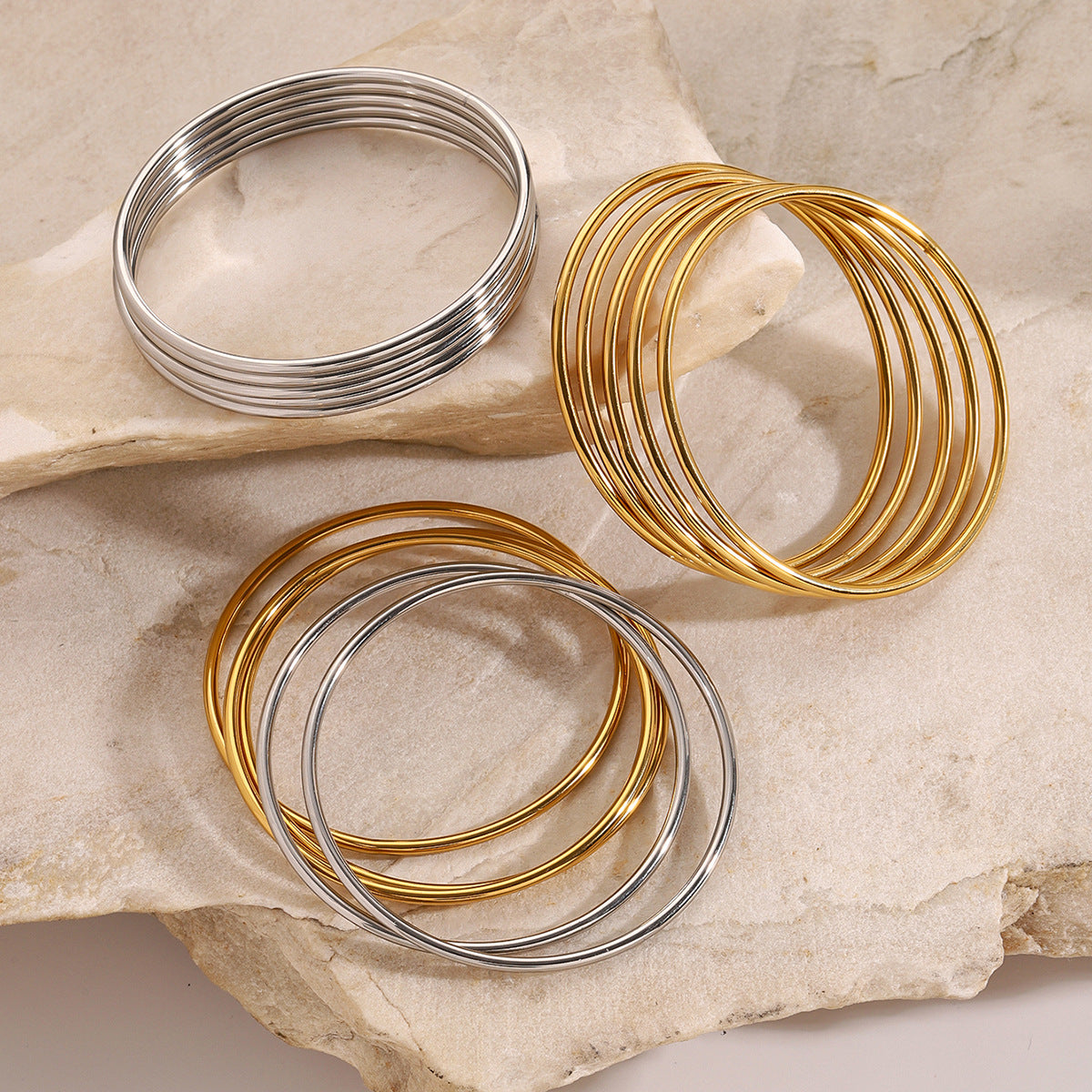 Shiny Thin Round Stainless Steel Bangle Bracelets for Women ( 5 pcs)