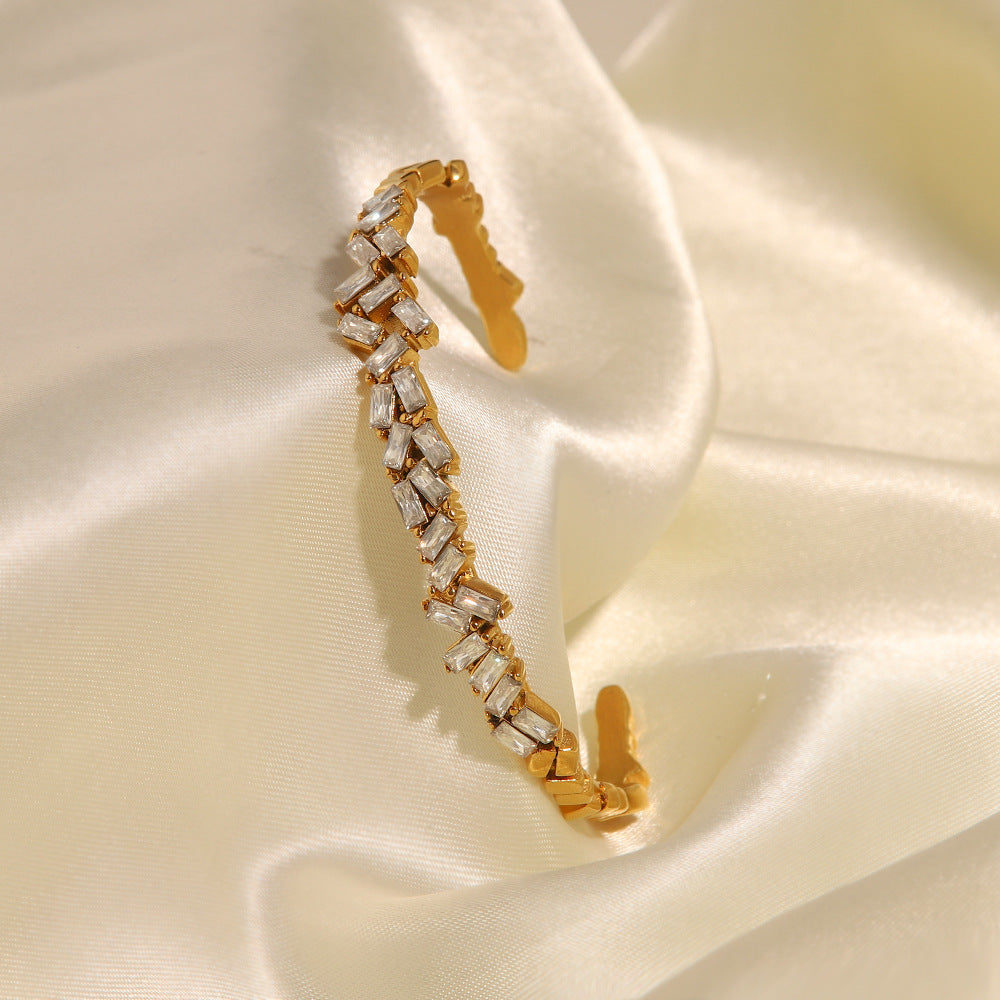 Cubic Zirconia Open Adjustable Cuff Bracelet for Women Men, Yellow Gold Plated Personalized CZ Tennis Bracelet