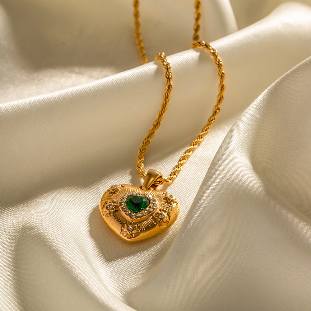 Gold Heart Necklace for Women 18K Stainless Steel Cubic Zirconia Pendant for Her Love Jewelry for Mother and Daughter (Green)