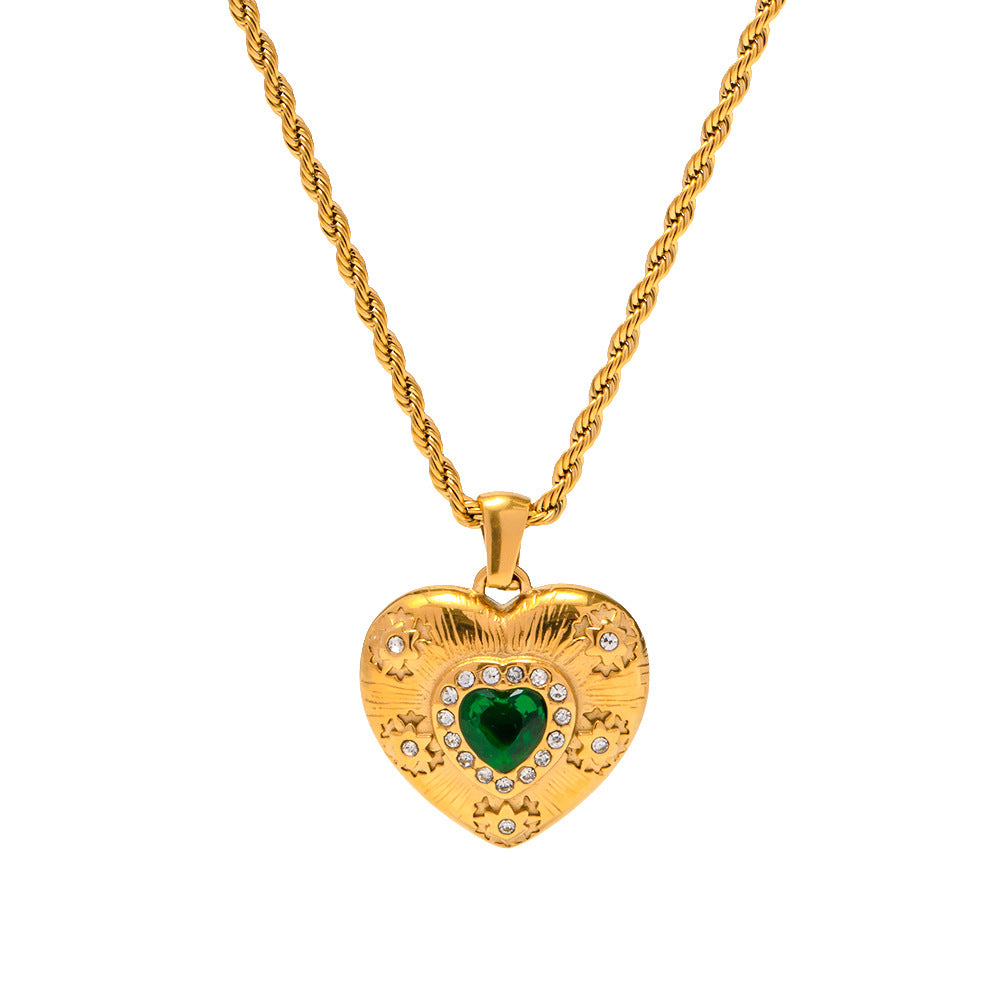 Gold Heart Necklace for Women 18K Stainless Steel Cubic Zirconia Pendant for Her Love Jewelry for Mother and Daughter (Green)