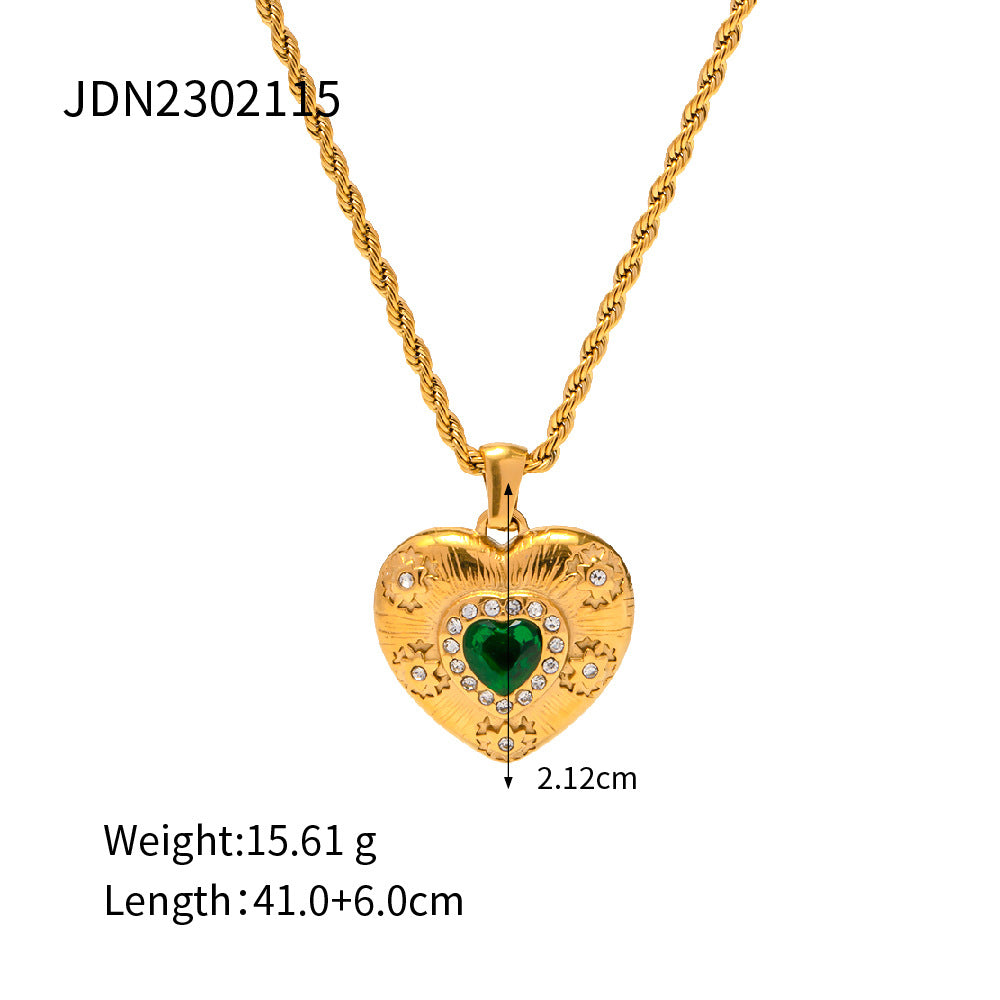 Gold Heart Necklace for Women 18K Stainless Steel Cubic Zirconia Pendant for Her Love Jewelry for Mother and Daughter (Green)