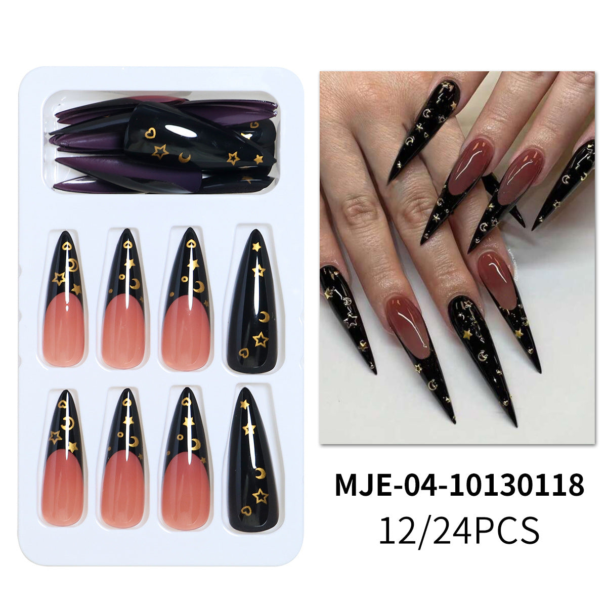 Press on Nails Long Fake Nails Glossy Glue on Nails Bling Black Glitter French Tip Acrylic Nails Flower Rhinestone Artificial Nails False Nails with Design 24 pcs