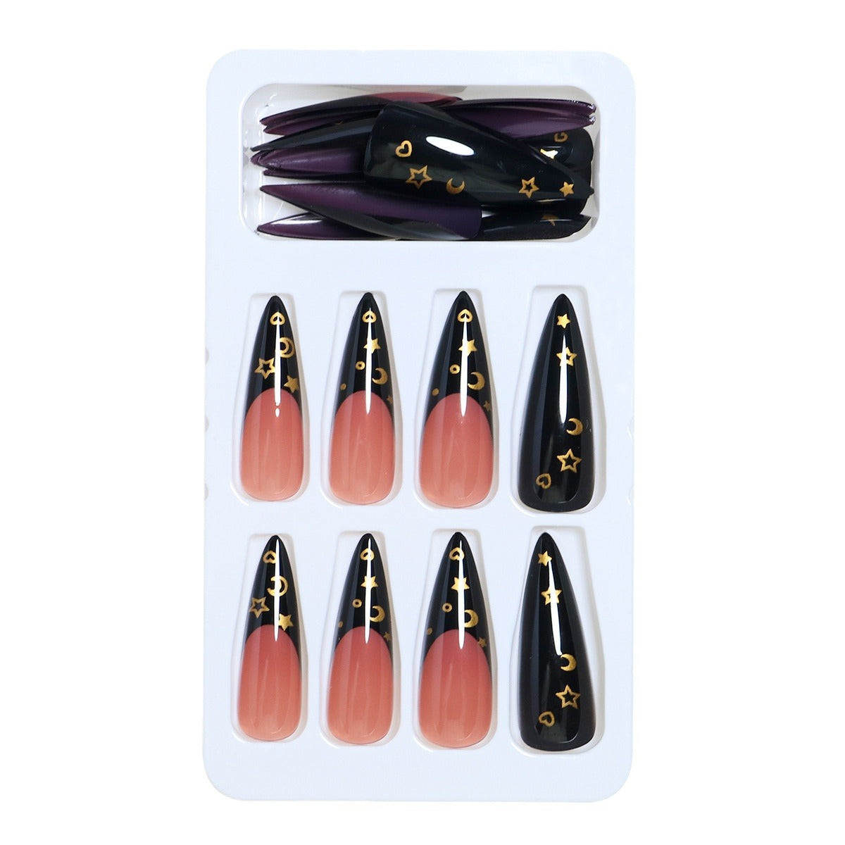 Press on Nails Long Fake Nails Glossy Glue on Nails Bling Black Glitter French Tip Acrylic Nails Flower Rhinestone Artificial Nails False Nails with Design 24 pcs