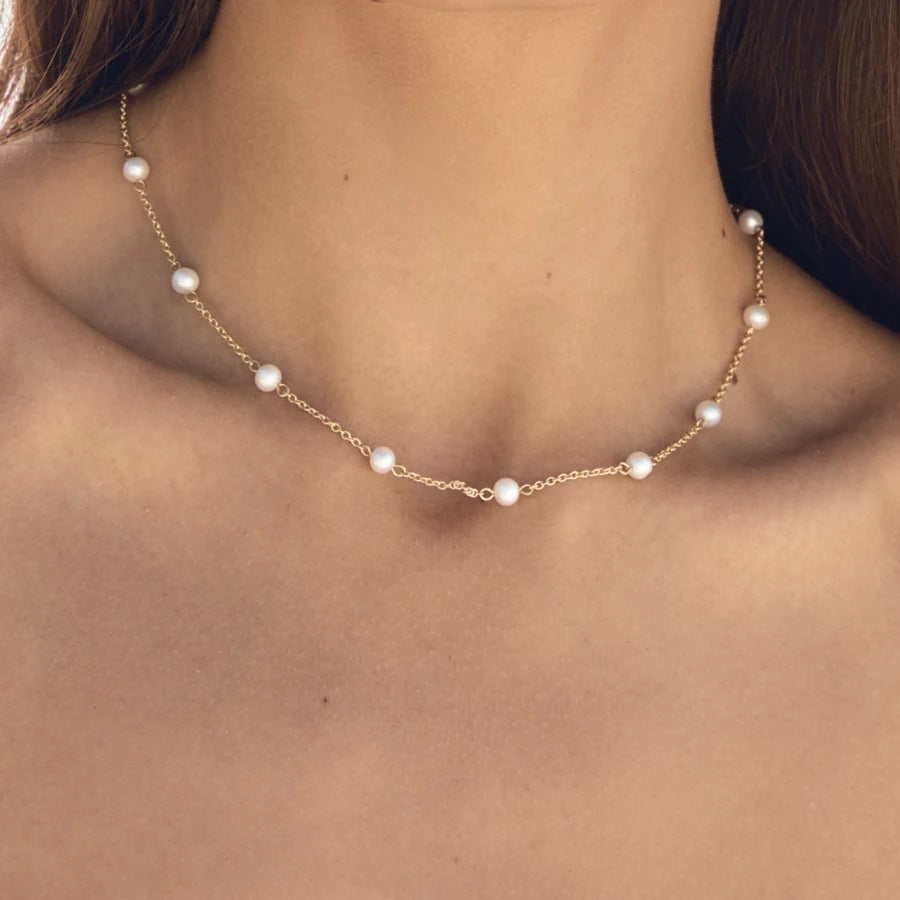 Freshwater Pearl Necklace Gold Plated Choker Cultured Small White Pearl Layered Chain Necklace Stainless Steel Jewelry Gifts