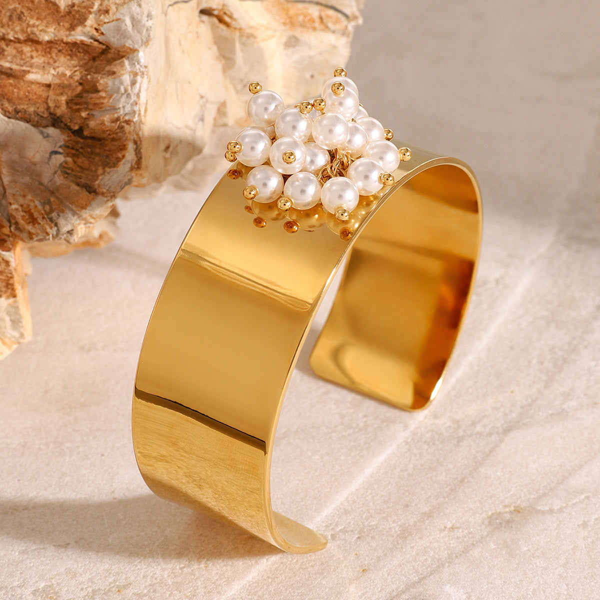 Stainless Steel Mesh Chain Fusion Twisted Cable Imitation Pearl Open Cuff Bangle Bracelet Women Jewelry Designer Inspired Christmas Gifts