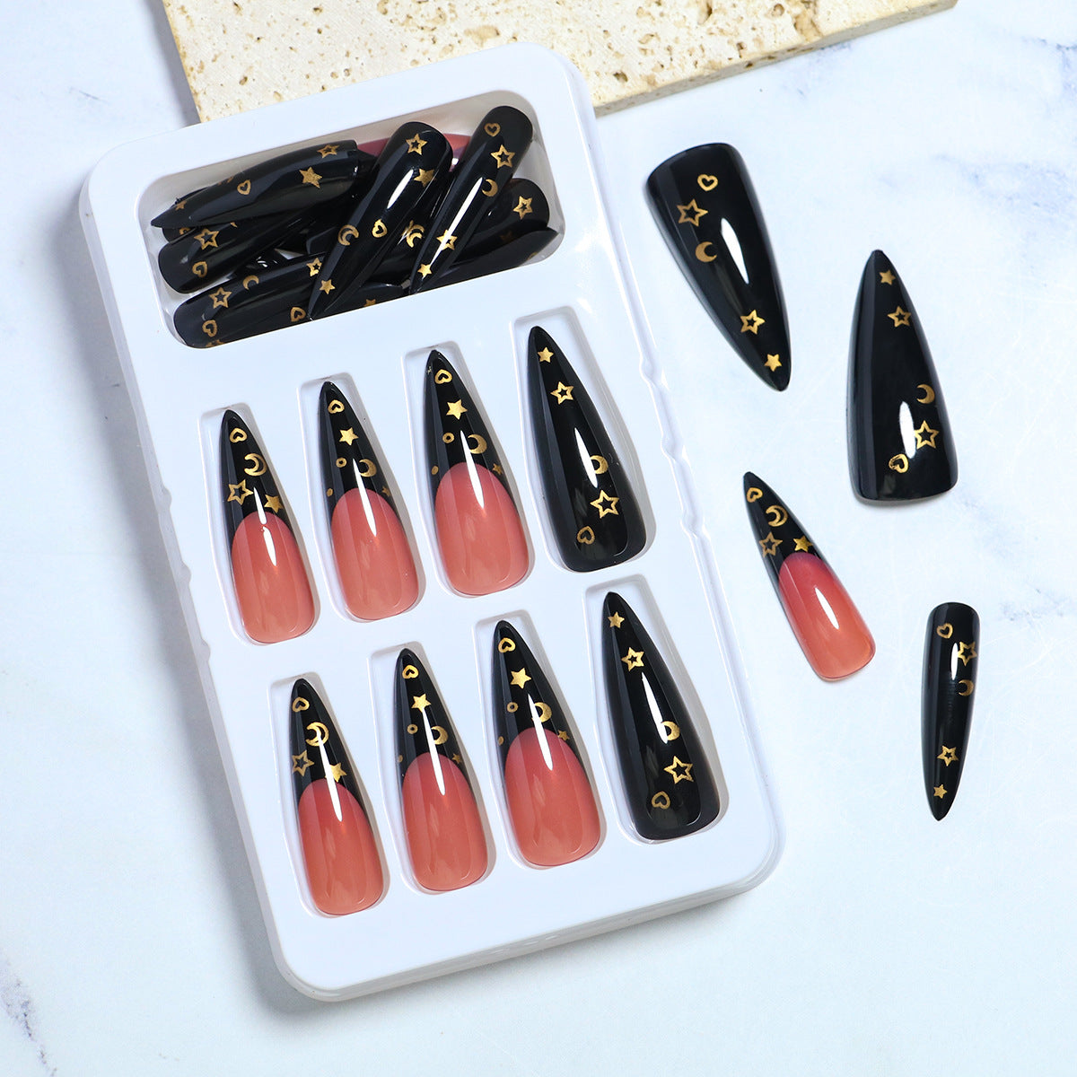 Press on Nails Long Fake Nails Glossy Glue on Nails Bling Black Glitter French Tip Acrylic Nails Flower Rhinestone Artificial Nails False Nails with Design 24 pcs