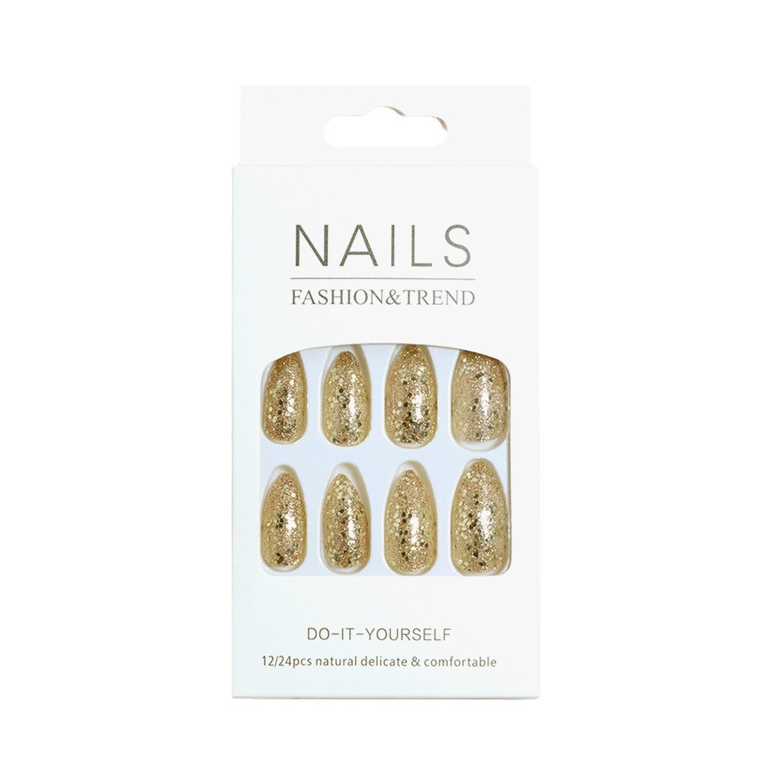 Press on Nails Long Coffin Fake Nails Bling Glitter Glue on Nails Gold Acrylic Nails Ballerina Artificial Nails Sparkly Sequins Stick on False Nails with Design 24 pcs