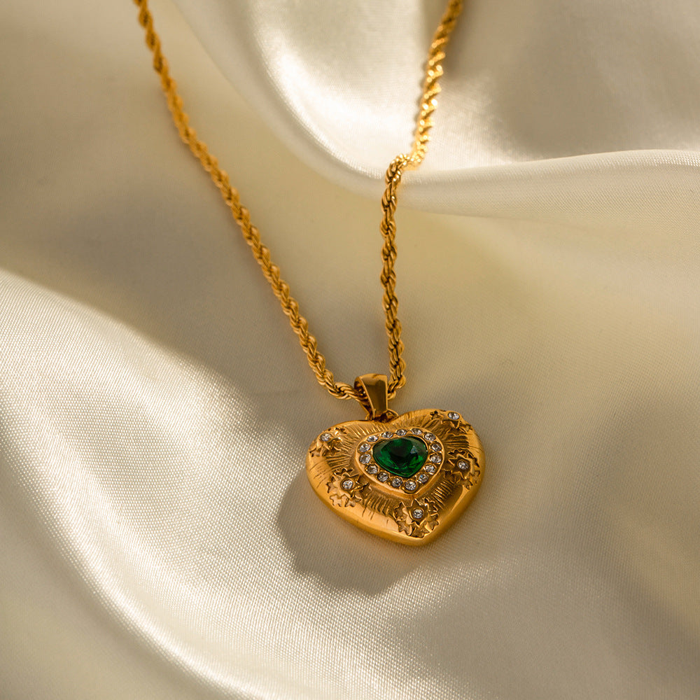 Gold Heart Necklace for Women 18K Stainless Steel Cubic Zirconia Pendant for Her Love Jewelry for Mother and Daughter (Green)