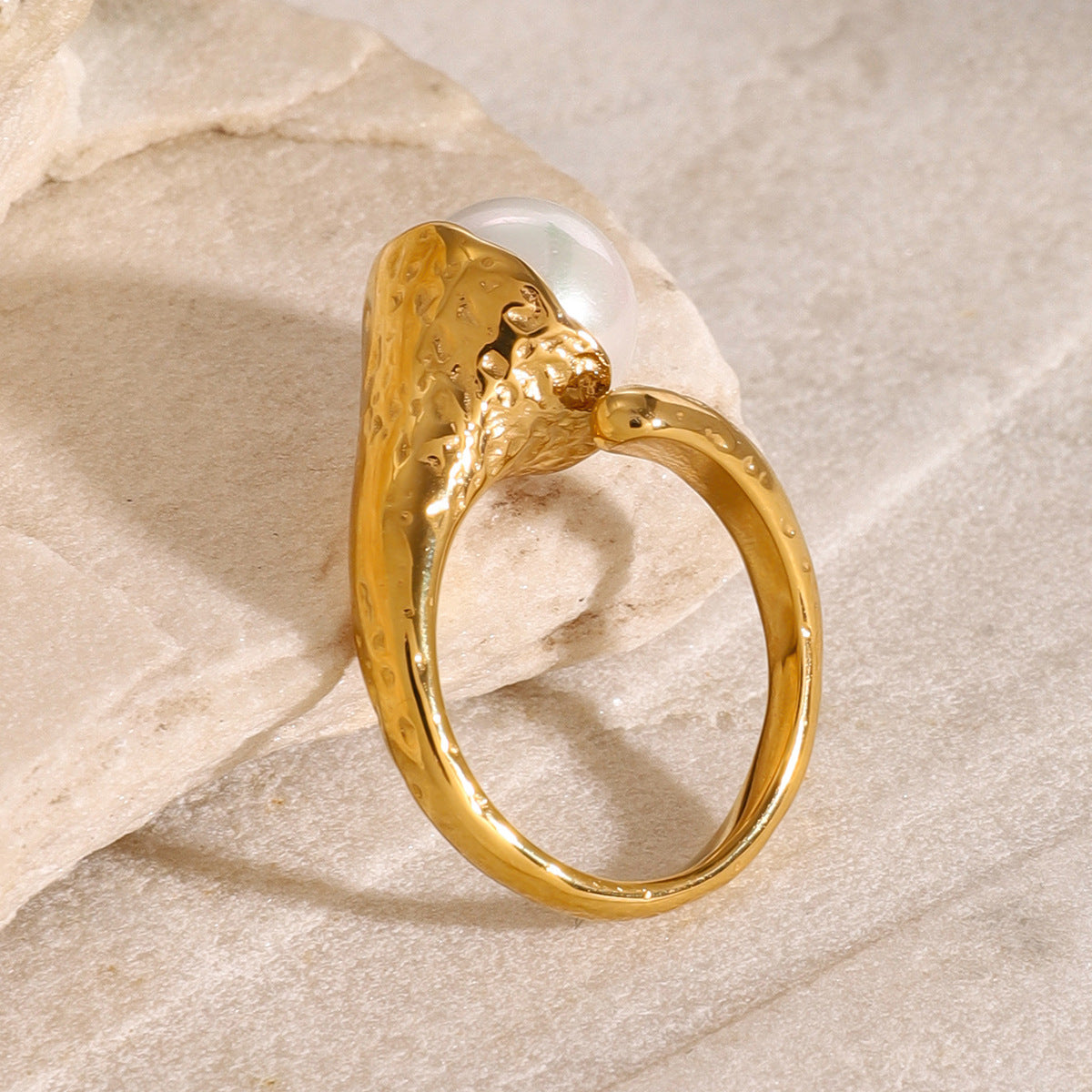 Pearl Wrap Ring: Gold Plated Stainless Steel Large Statement Ring for Women