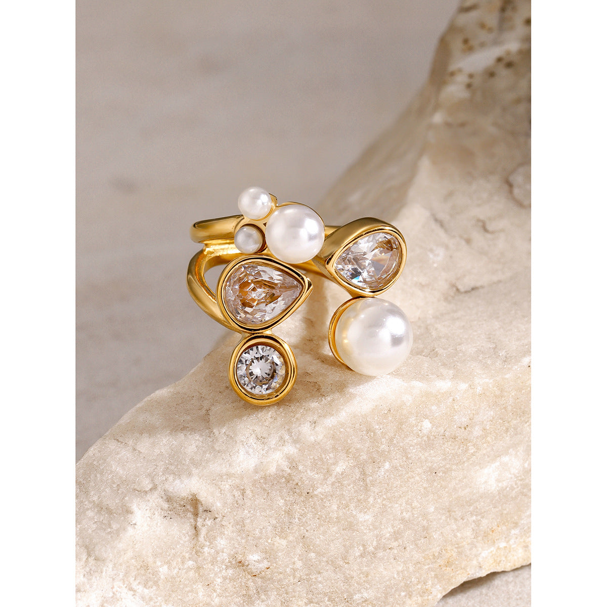 Pearl Statement Ring for Women Double Layers Stacking Rings Adjustable Open Finger Band Promise Engagement Rings Bands Dainty Jewelry