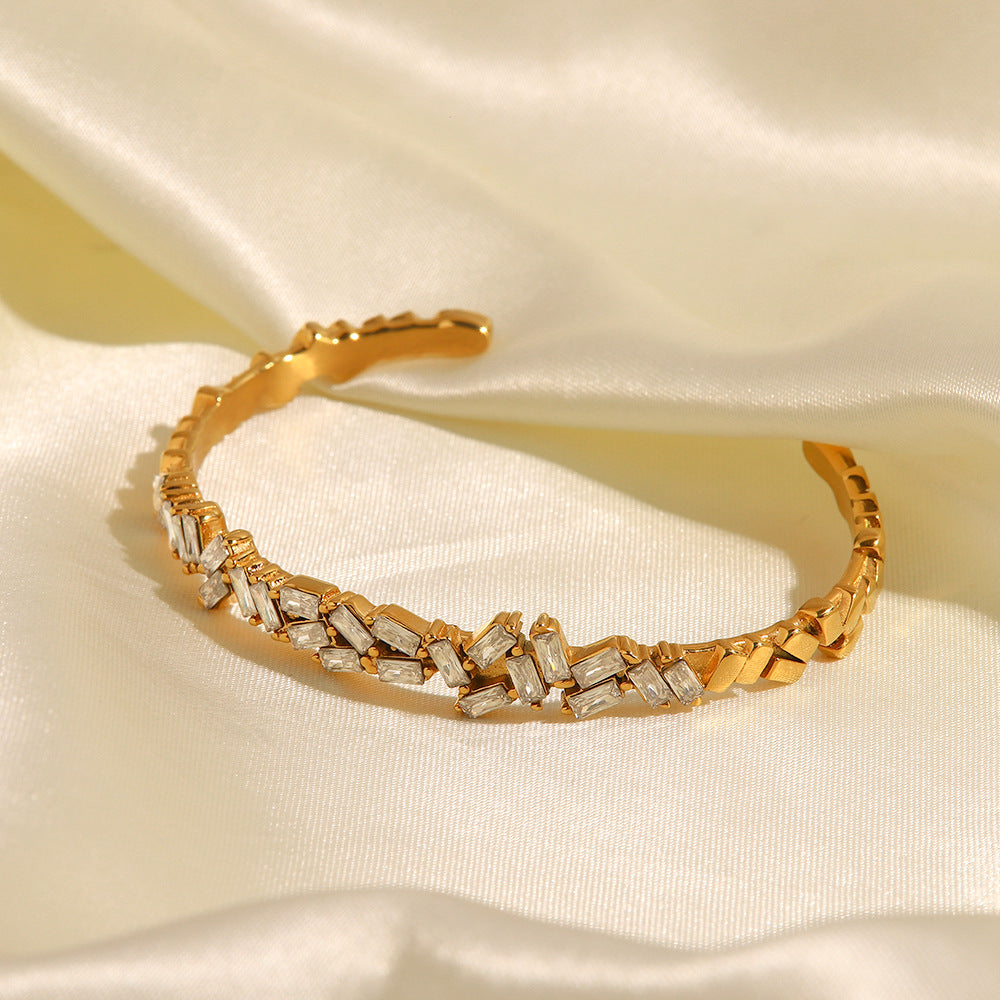 Cubic Zirconia Open Adjustable Cuff Bracelet for Women Men, Yellow Gold Plated Personalized CZ Tennis Bracelet