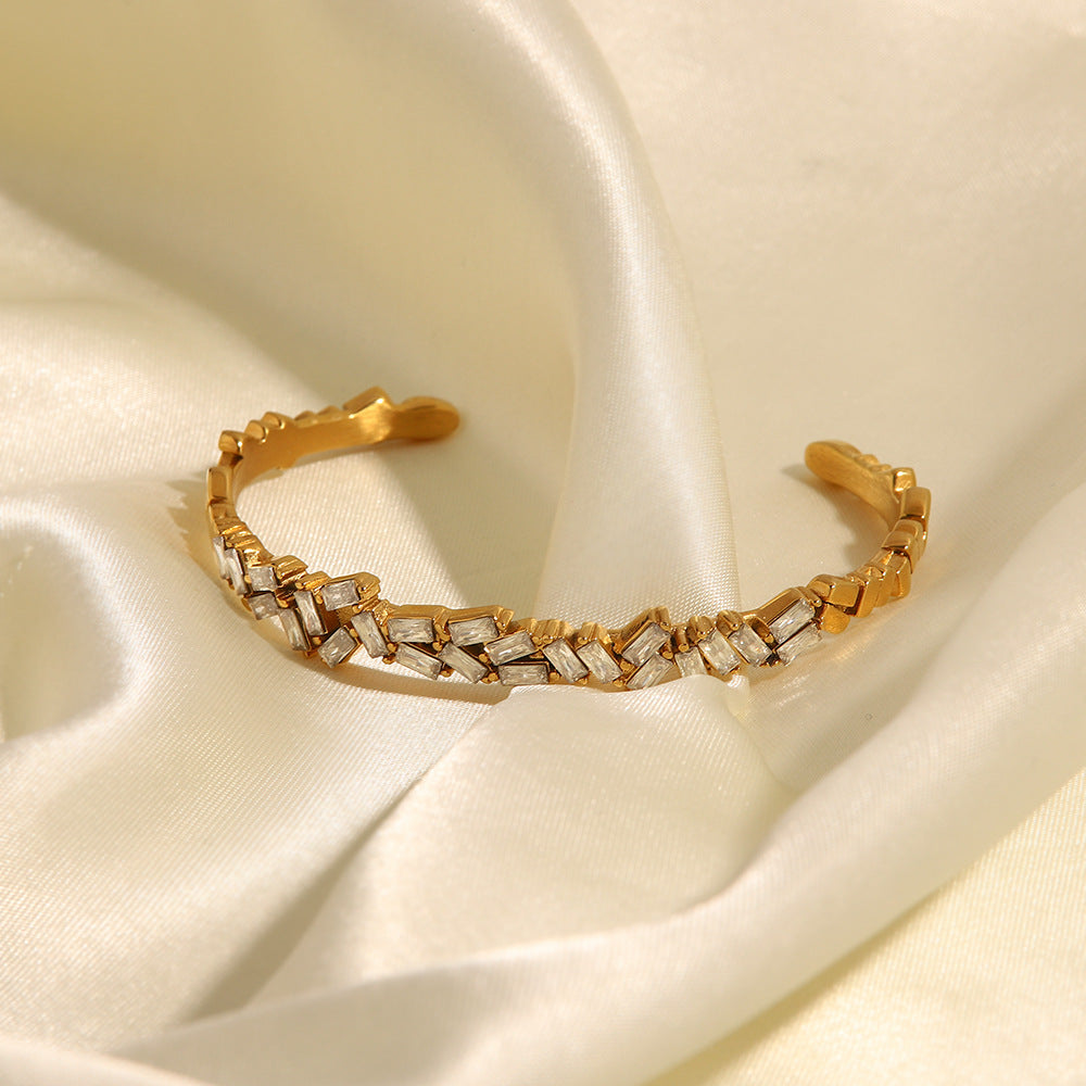 Cubic Zirconia Open Adjustable Cuff Bracelet for Women Men, Yellow Gold Plated Personalized CZ Tennis Bracelet