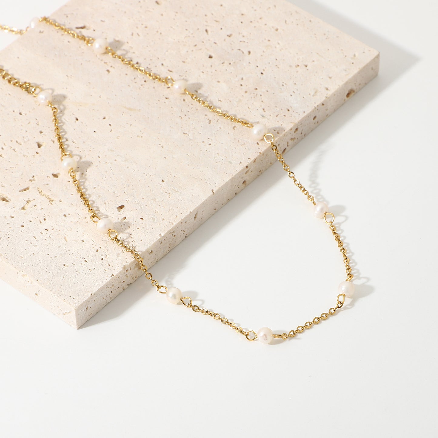 Freshwater Pearl Necklace Gold Plated Choker Cultured Small White Pearl Layered Chain Necklace Stainless Steel Jewelry Gifts