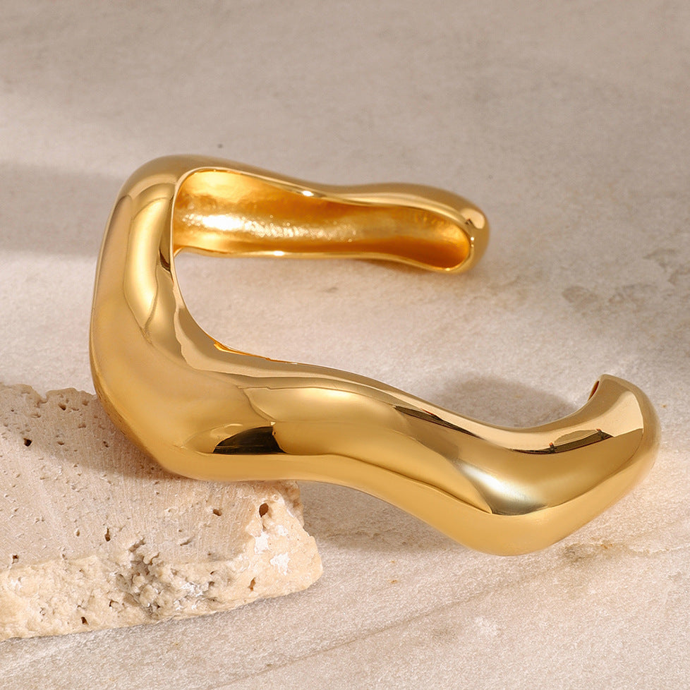 Gold Bangle Wave Cuff Bracelet - Trendy Chunky Non Tarnish Gold Cute Stackable Waterproof Bracelet, Simple Minimalist Unique Statement Jewelry