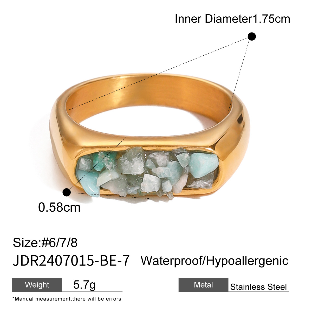 Natural Gemstone Handmade Fashion Jewelry Rectangle Stone Size 14 * 18 MM Adjustable Rings for Women and Men