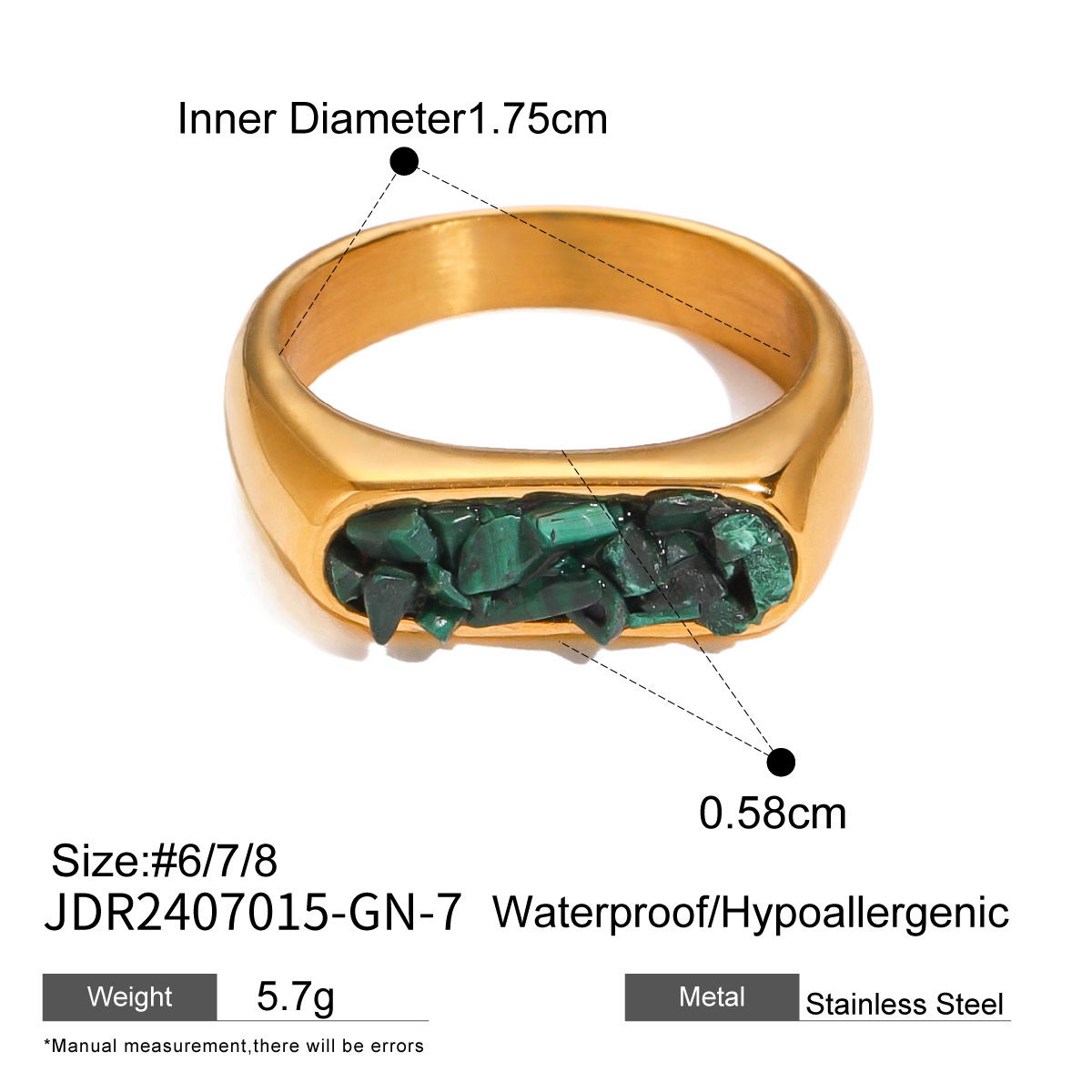 Natural Gemstone Handmade Fashion Jewelry Rectangle Stone Size 14 * 18 MM Adjustable Rings for Women and Men
