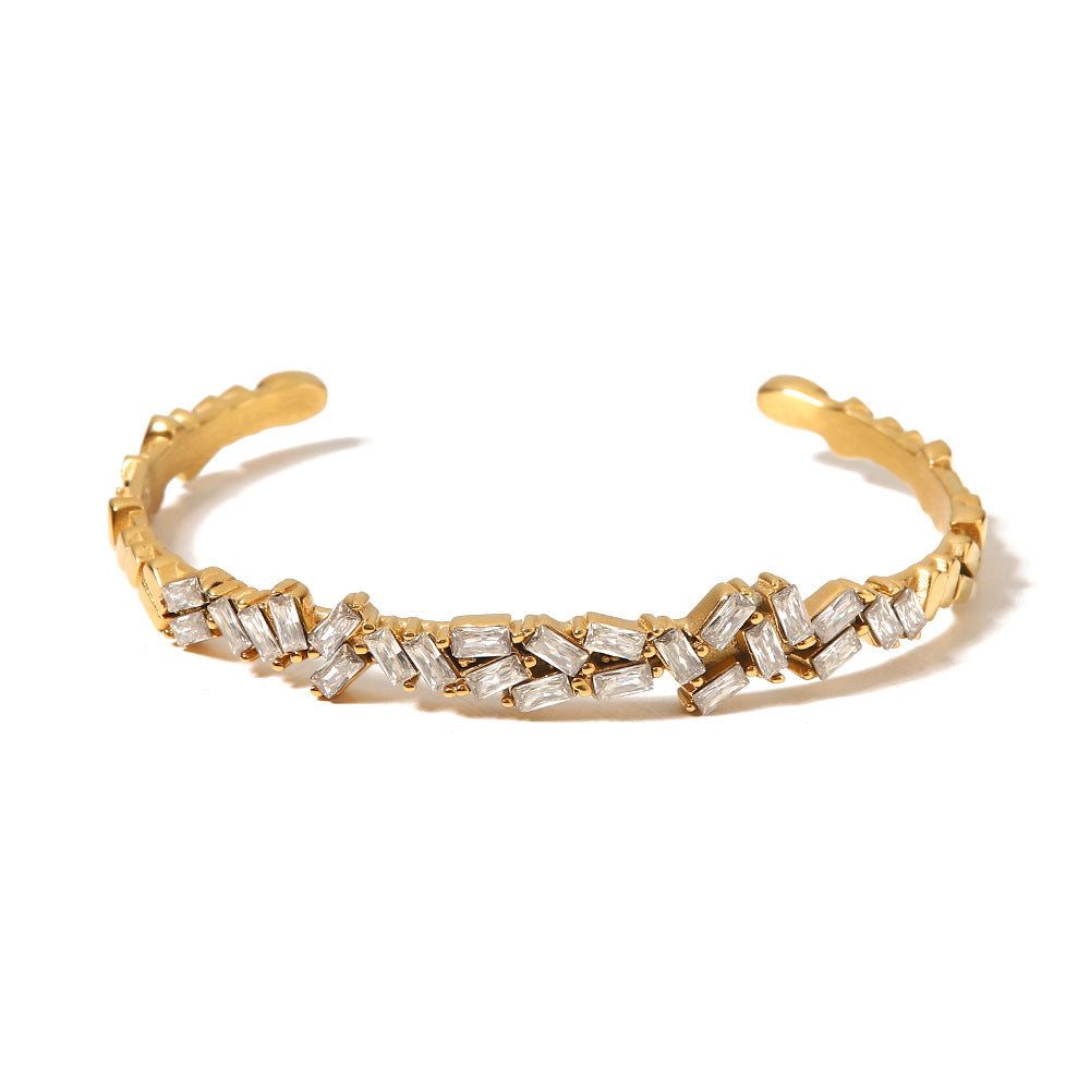 Cubic Zirconia Open Adjustable Cuff Bracelet for Women Men, Yellow Gold Plated Personalized CZ Tennis Bracelet
