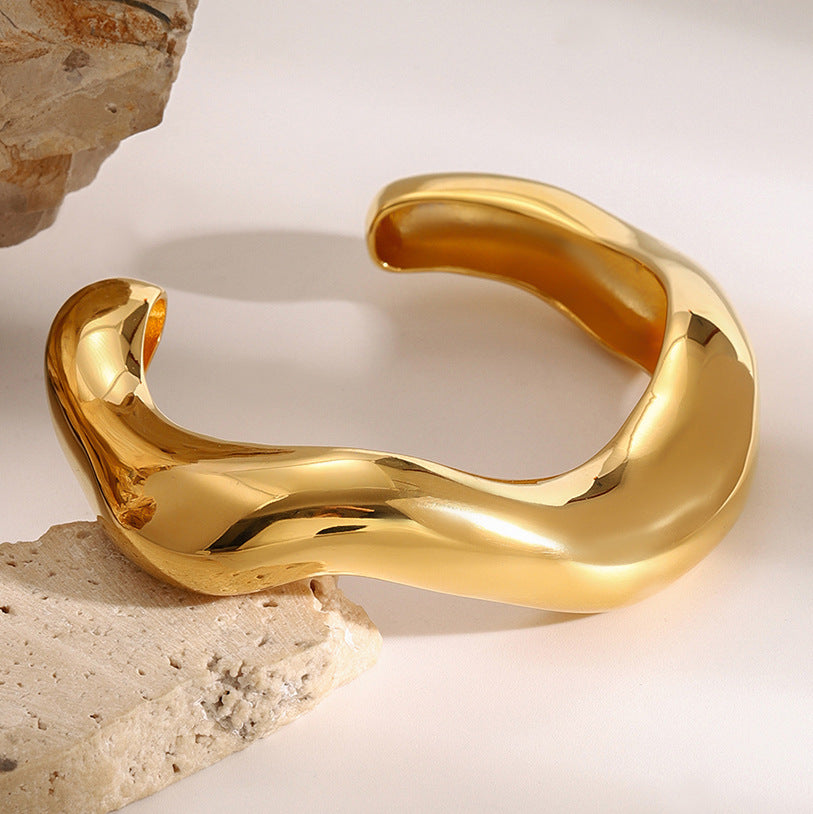Gold Bangle Wave Cuff Bracelet - Trendy Chunky Non Tarnish Gold Cute Stackable Waterproof Bracelet, Simple Minimalist Unique Statement Jewelry