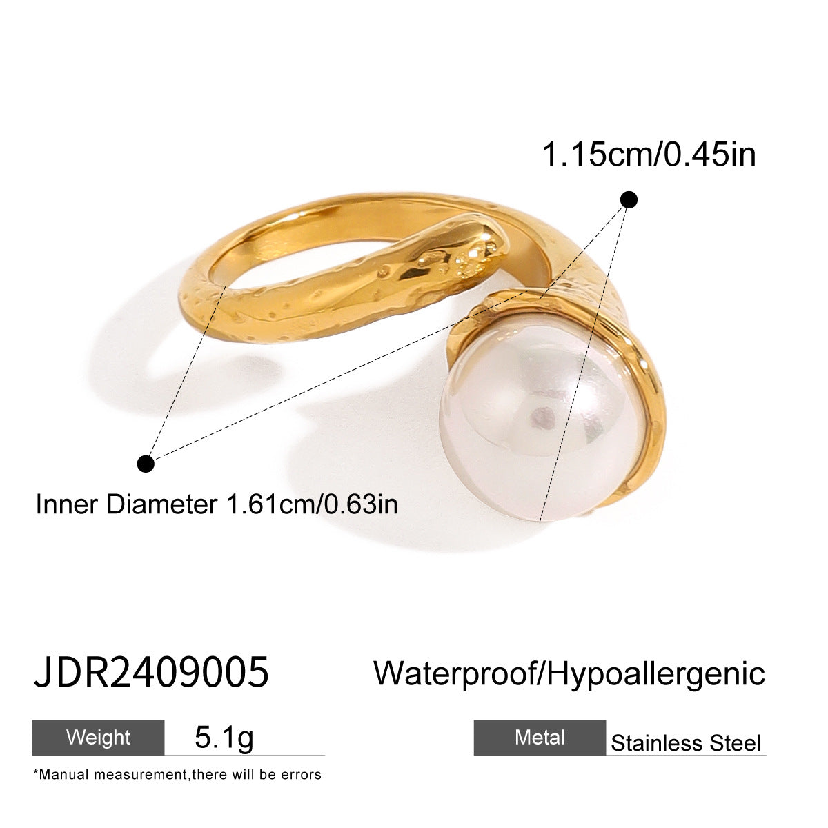 Pearl Wrap Ring: Gold Plated Stainless Steel Large Statement Ring for Women