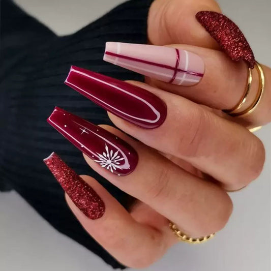 Christmas Press on Nails Long Coffin Fake Nails Red False Nails with Snowflake Stripe Design Glue on Nails Glossy Full Cover Stick on Nails Xmas Acrylic Nails for Women Winter Manicure 24Pcs