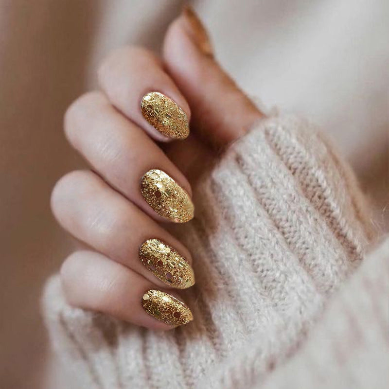 Press on Nails Long Coffin Fake Nails Bling Glitter Glue on Nails Gold Acrylic Nails Ballerina Artificial Nails Sparkly Sequins Stick on False Nails with Design 24 pcs