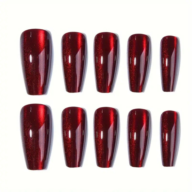 30Pcs Press on Nails Long - Almond Fake Nails Red Cat's Eye False Nails with Designs Nails Tips Red Glitter Full Cover Nails Press Ons Stick on Nails for Women Manicure