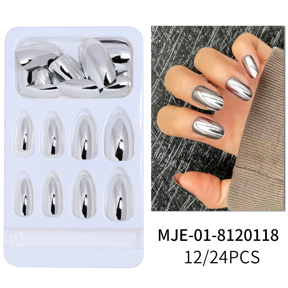 Silver Press on Nails Square Medium Fake Nails Metallic Chrome False Nails Mirror Silver Acrylic Nails Press ons Holographic Metal Chrome Glue on Nails Stick on Nails for Women Manicure 24pcs