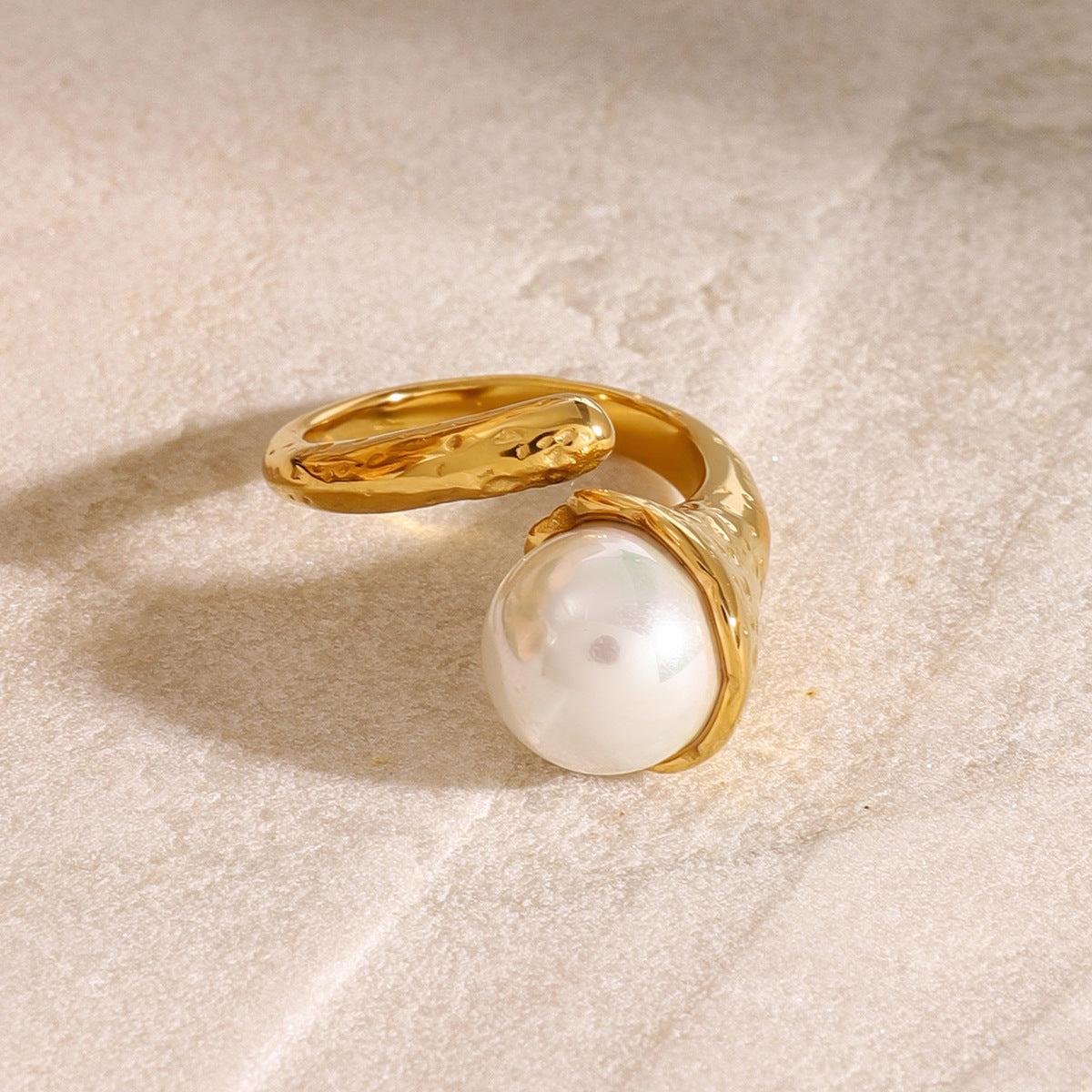 Pearl Wrap Ring: Gold Plated Stainless Steel Large Statement Ring for Women