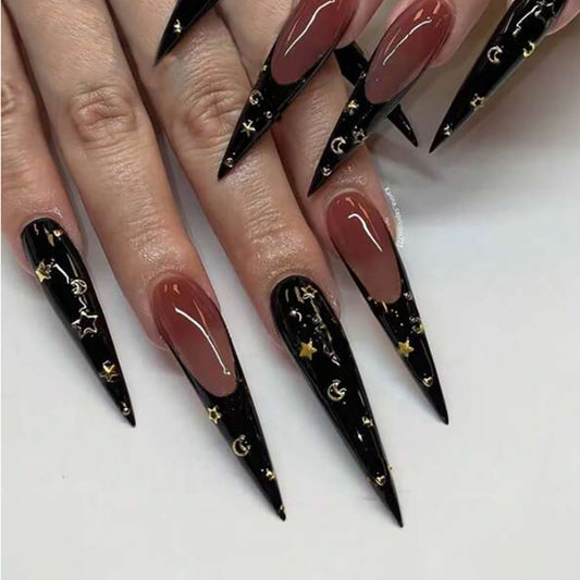 Press on Nails Long  Fake Nails Glossy Glue on Nails Bling Black Glitter French Tip Acrylic Nails Flower Rhinestone Artificial Nails False Nails with Design 24 pcs