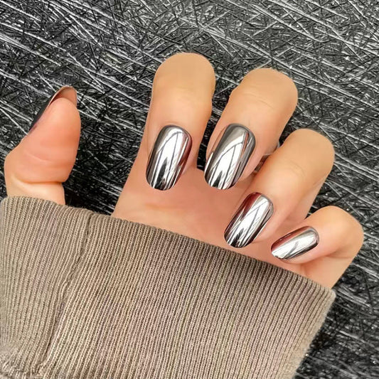 Silver Press on Nails Square Medium Fake Nails Metallic Chrome False Nails Mirror Silver Acrylic Nails Press ons Holographic Metal Chrome Glue on Nails Stick on Nails for Women Manicure 24pcs