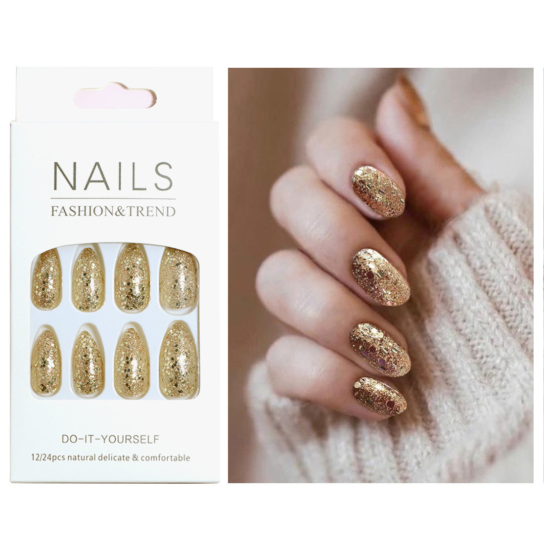 Press on Nails Long Coffin Fake Nails Bling Glitter Glue on Nails Gold Acrylic Nails Ballerina Artificial Nails Sparkly Sequins Stick on False Nails with Design 24 pcs