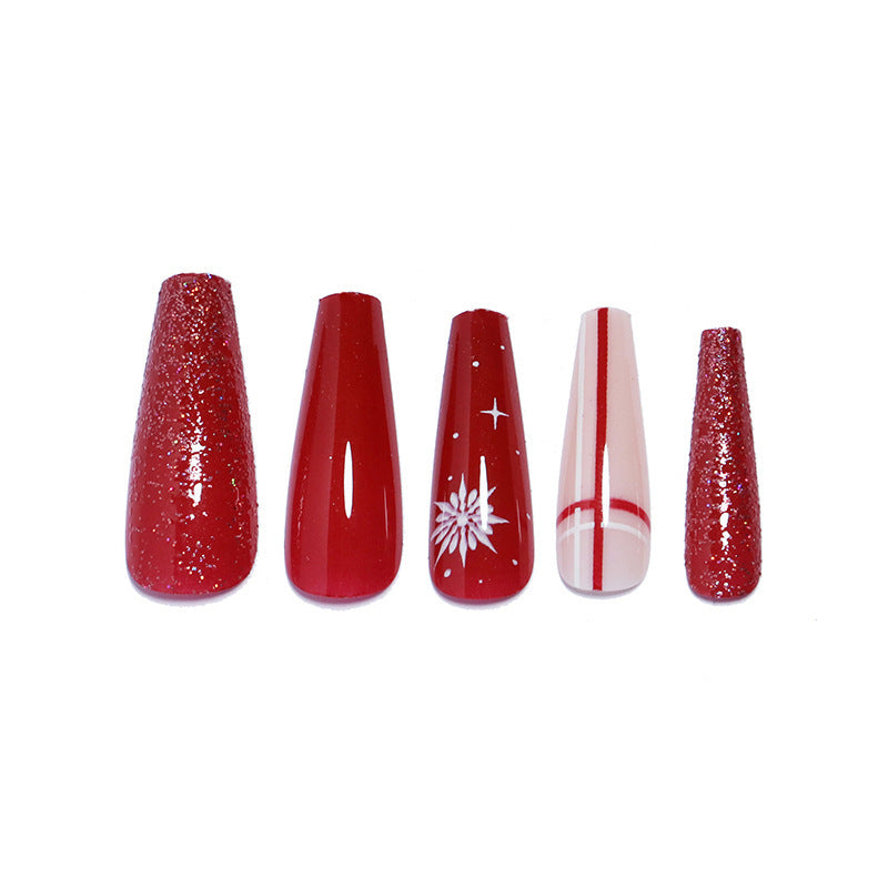 Christmas Press on Nails Long Coffin Fake Nails Red False Nails with Snowflake Stripe Design Glue on Nails Glossy Full Cover Stick on Nails Xmas Acrylic Nails for Women Winter Manicure 24Pcs