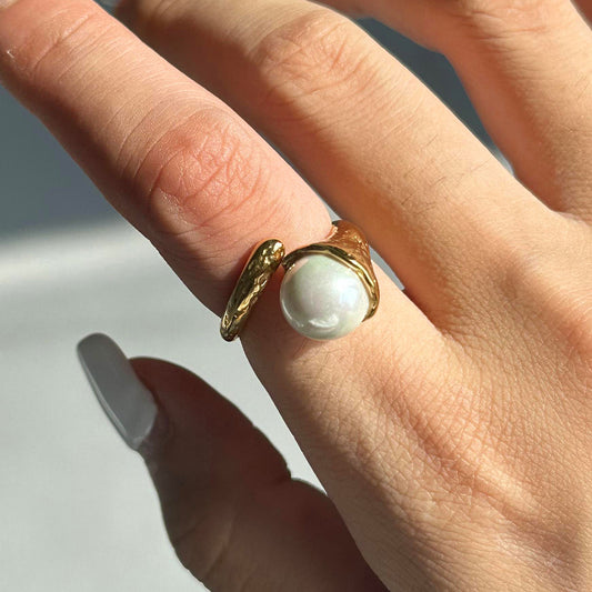 Pearl Wrap Ring: Gold Plated Stainless Steel Large Statement Ring for Women