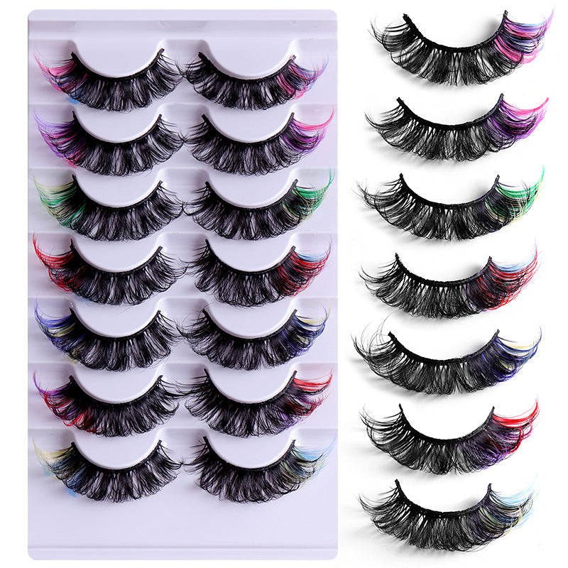 Colored Eyelashes, 7 Pairs Mink Fluffy Eye Lashes with Color on End, Dramatic Long Thick Colorful Lash Clusters, Full Curly False Eyelash Cat Fox Eye Lashes, 3d D Curl Salon Extensions Strip