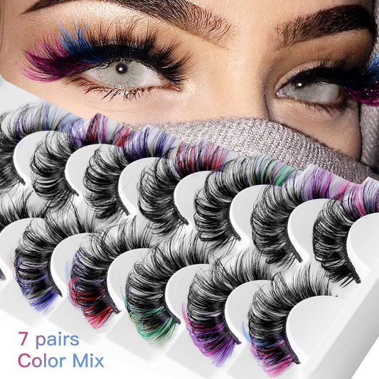 Colored Eyelashes, 7 Pairs Mink Fluffy Eye Lashes with Color on End, Dramatic Long Thick Colorful Lash Clusters, Full Curly False Eyelash Cat Fox Eye Lashes, 3d D Curl Salon Extensions Strip