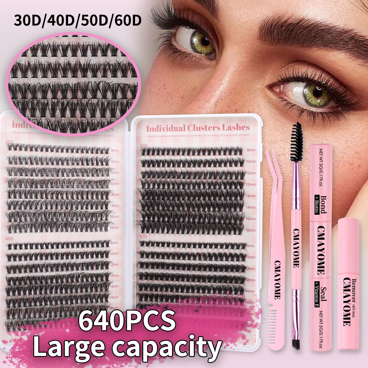 640 PCS Lash Clusters Kit DIY Lash Extension Kit D Curl Volume Eyelash Extensions Individual Lashes Kit with Lash Bond and Seal, Tweezers (60D 8-16mm, 80D 10-18mm)