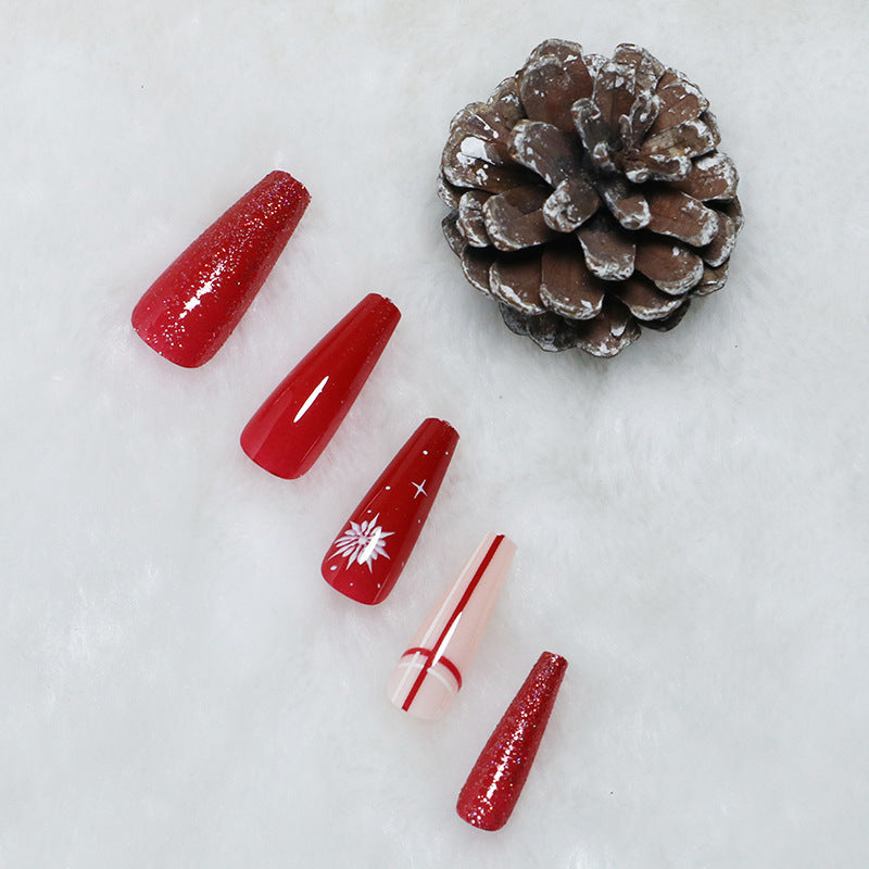 Christmas Press on Nails Long Coffin Fake Nails Red False Nails with Snowflake Stripe Design Glue on Nails Glossy Full Cover Stick on Nails Xmas Acrylic Nails for Women Winter Manicure 24Pcs