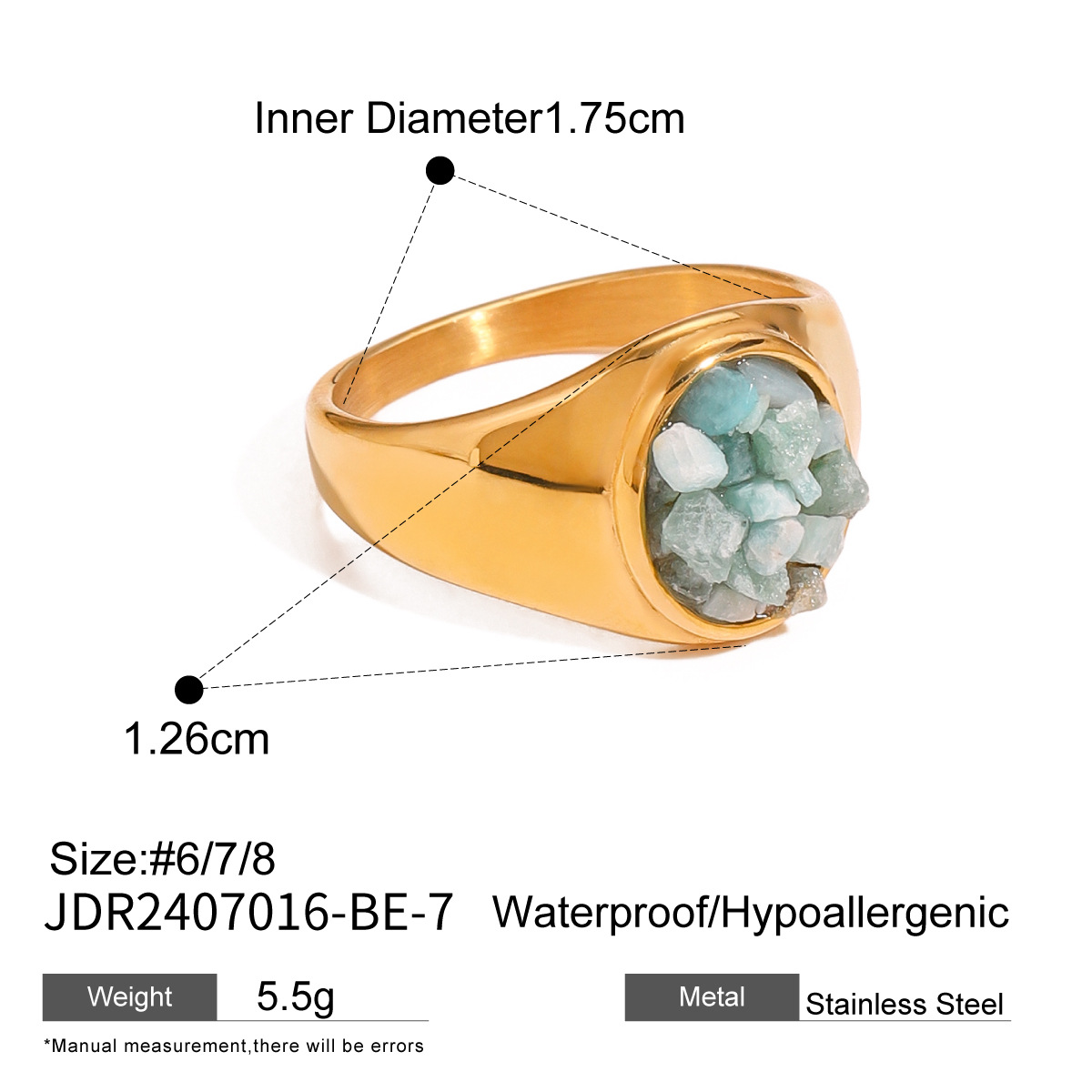 Natural Gemstone Handmade Fashion Jewelry Rectangle Stone Size 14 * 18 MM Adjustable Rings for Women and Men